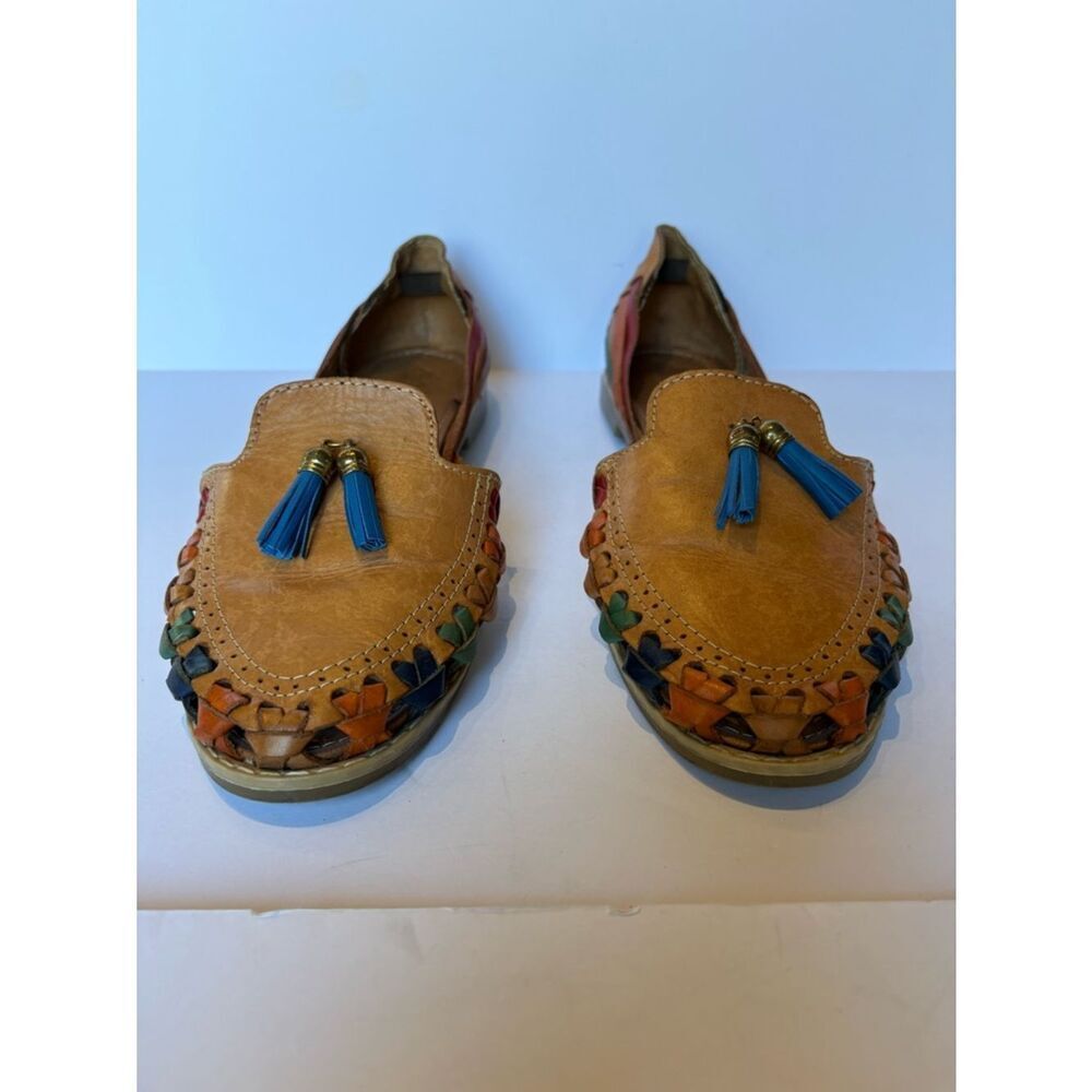 Women's Leather Huarache Tassel Loafers in Tan/Multi Size 25 1/2 Made in Mexico